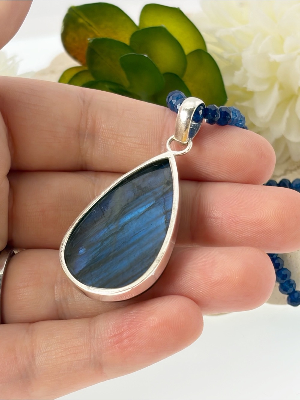 Pure Sterling Silver 925 Chunky Blue Labradorite Pendant Sapphire Necklace New - Picture 10 of 12